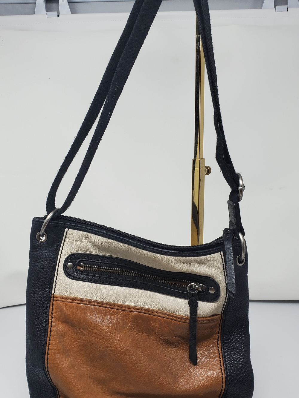 Leather Colorblock Crossbody Bag - Black, Cream & Brown